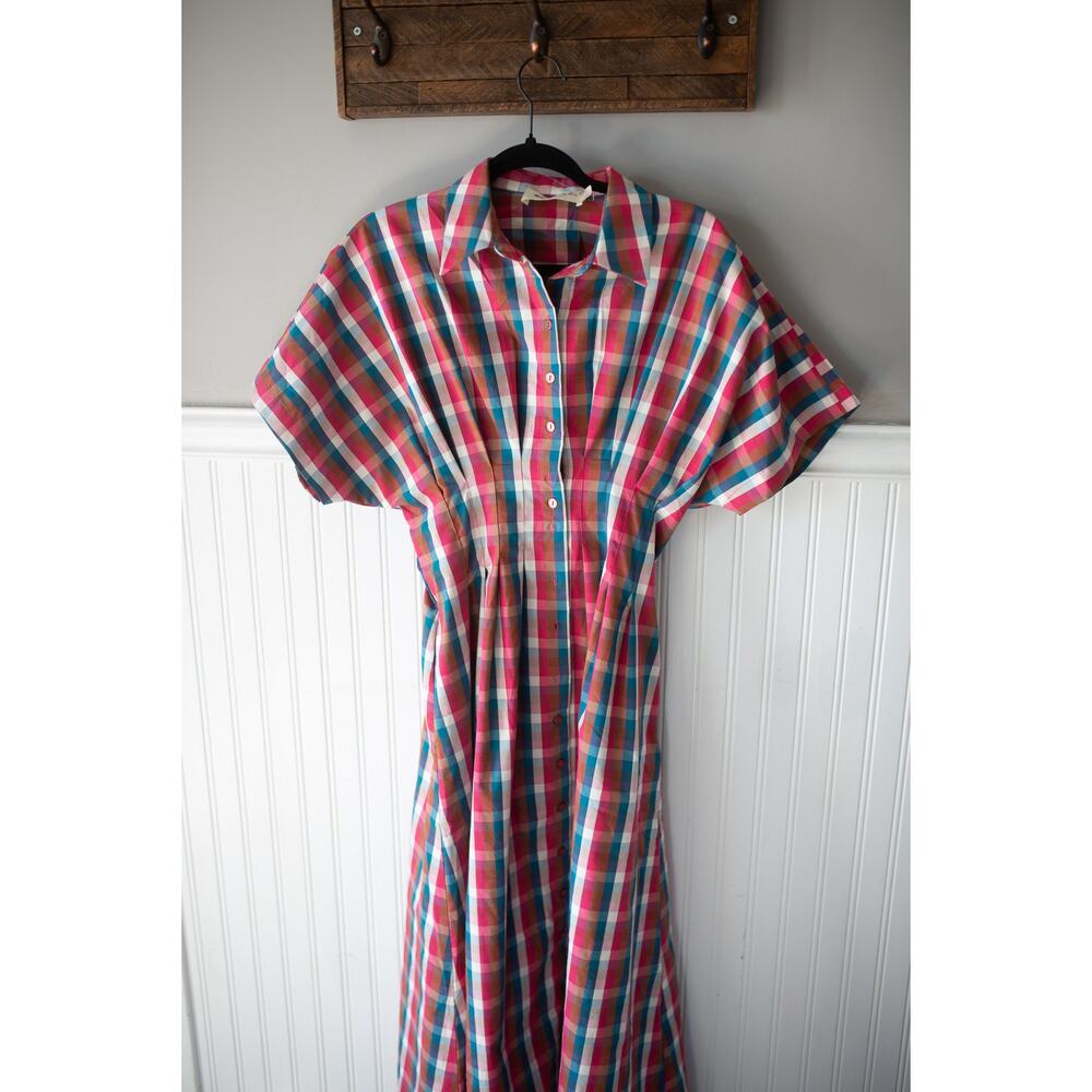 Anthropologie The Tobie Button-Front Pleated Shirt Dress by Exquise XS Plaid - Picture 2 of 4